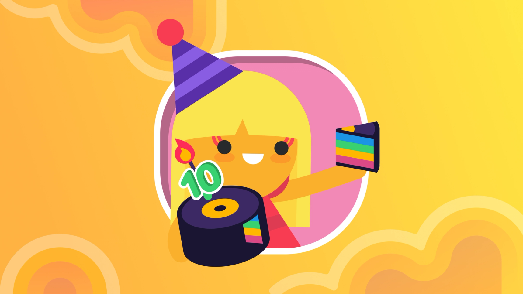 game character with party hat and birthday cake with 10 candle