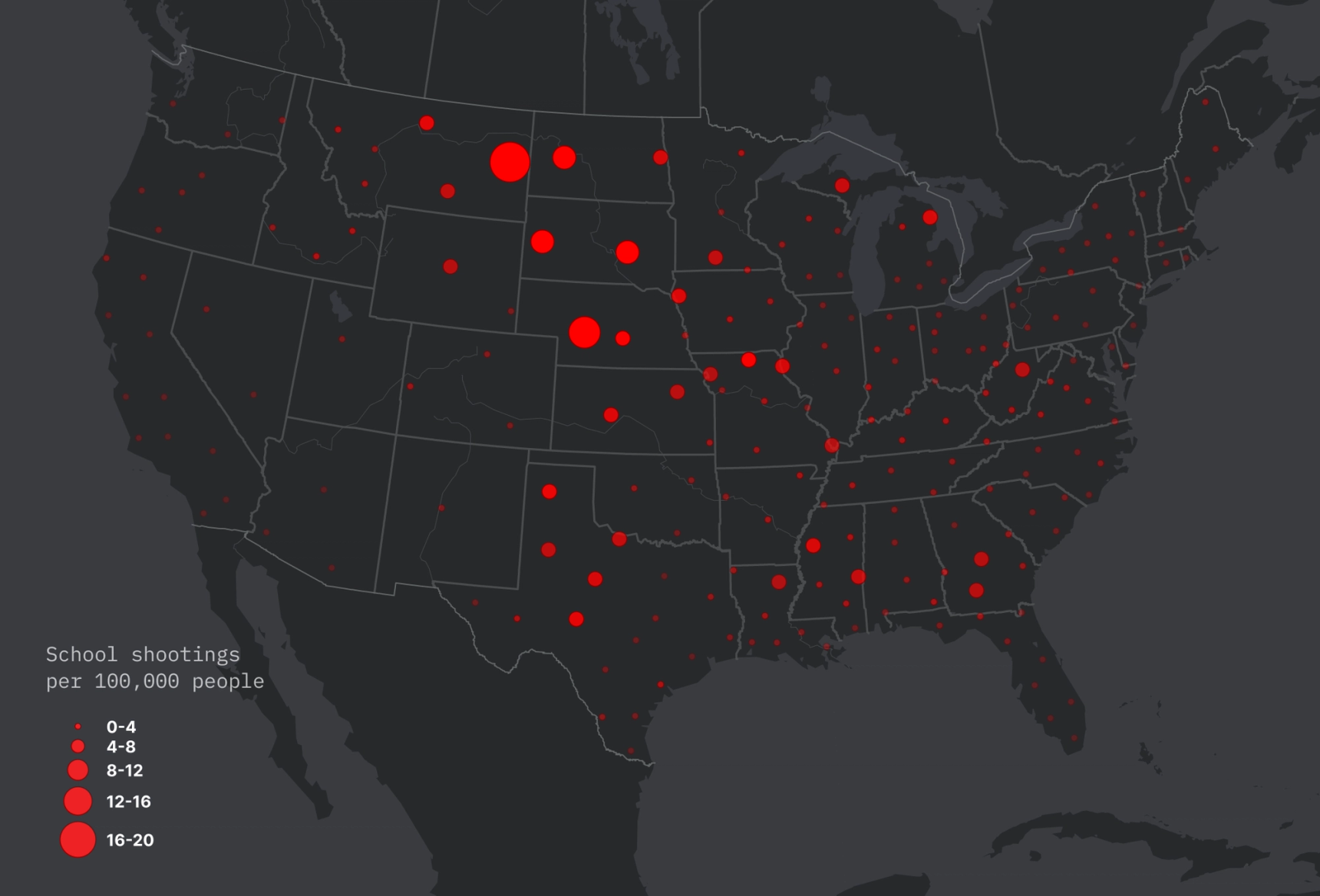 map of school shooting rates across the US, higher rates in the midwest and south