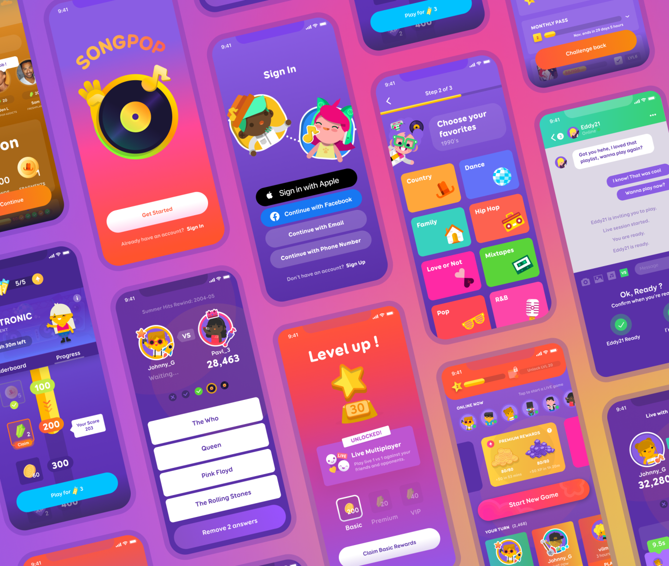   UI Design and colour palette by me.  Character designs by illustration team members.  Some icons by me, some by team members.    