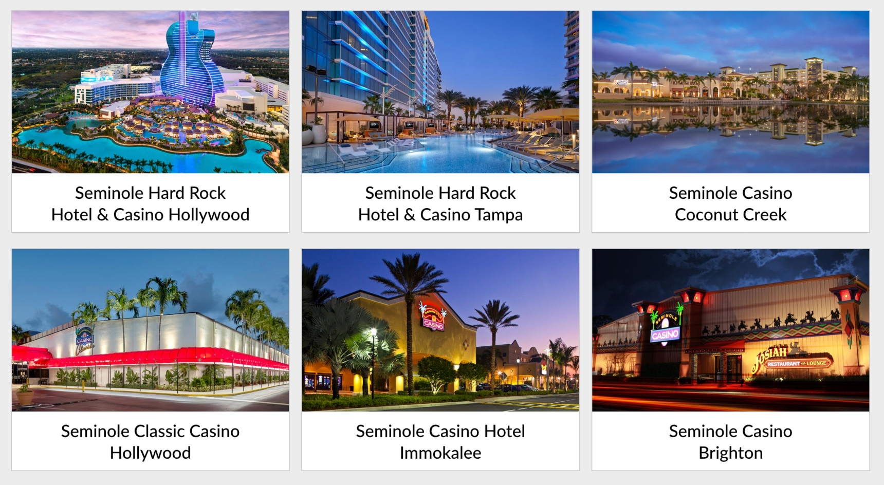   The Seminole Tribe owns two Hard Rock casinos and four Seminole Casinos in Florida, each with their own distinct flavour and clientele.    