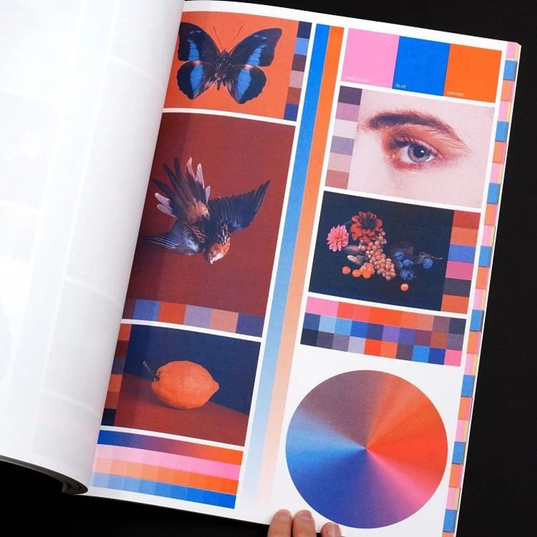 A page from the The Colour Library: Risographic Printing Guide book shows how pink, blue and orange combine.