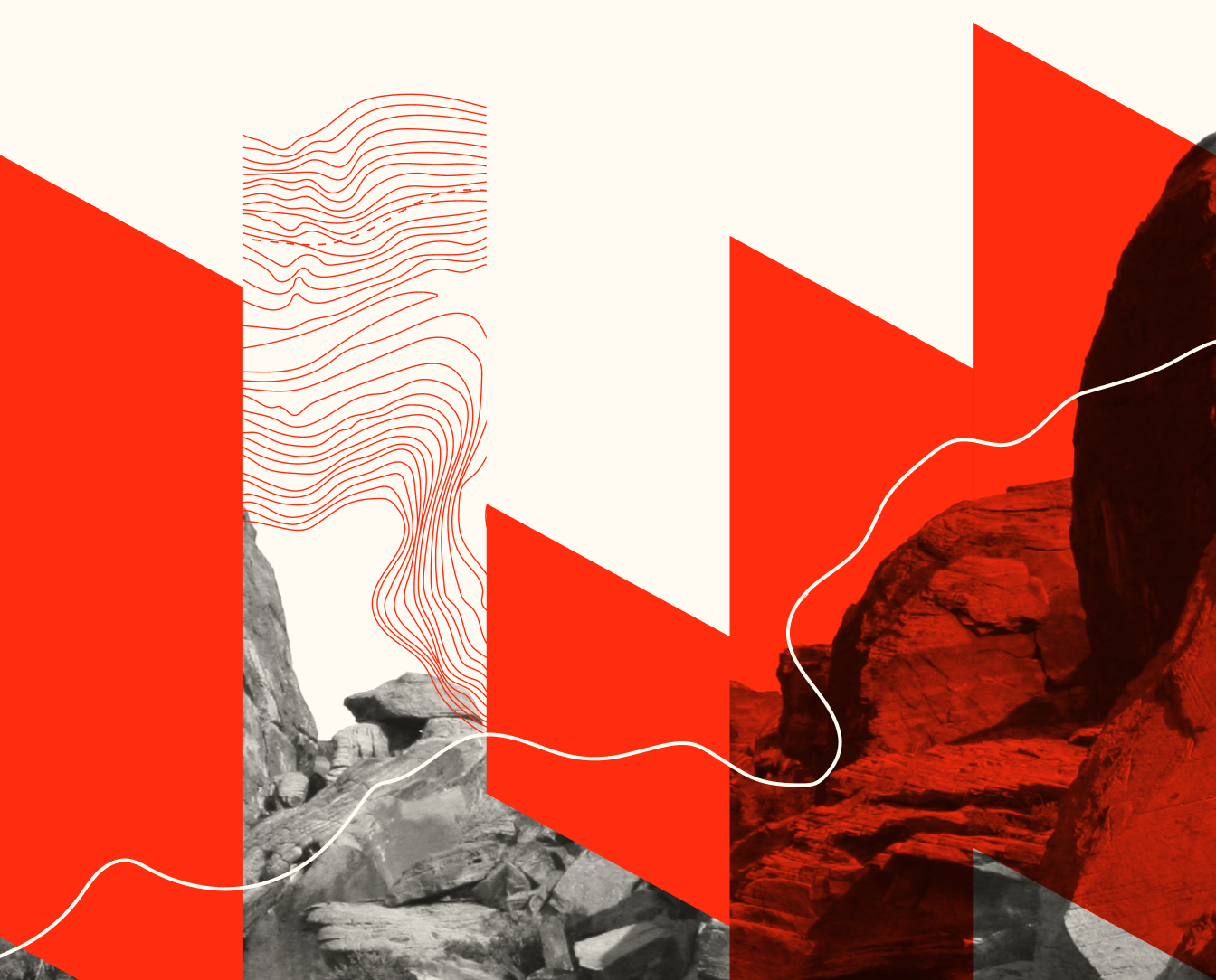 geometric shapes and topo lines over a b&w photo of sandstone rock formations