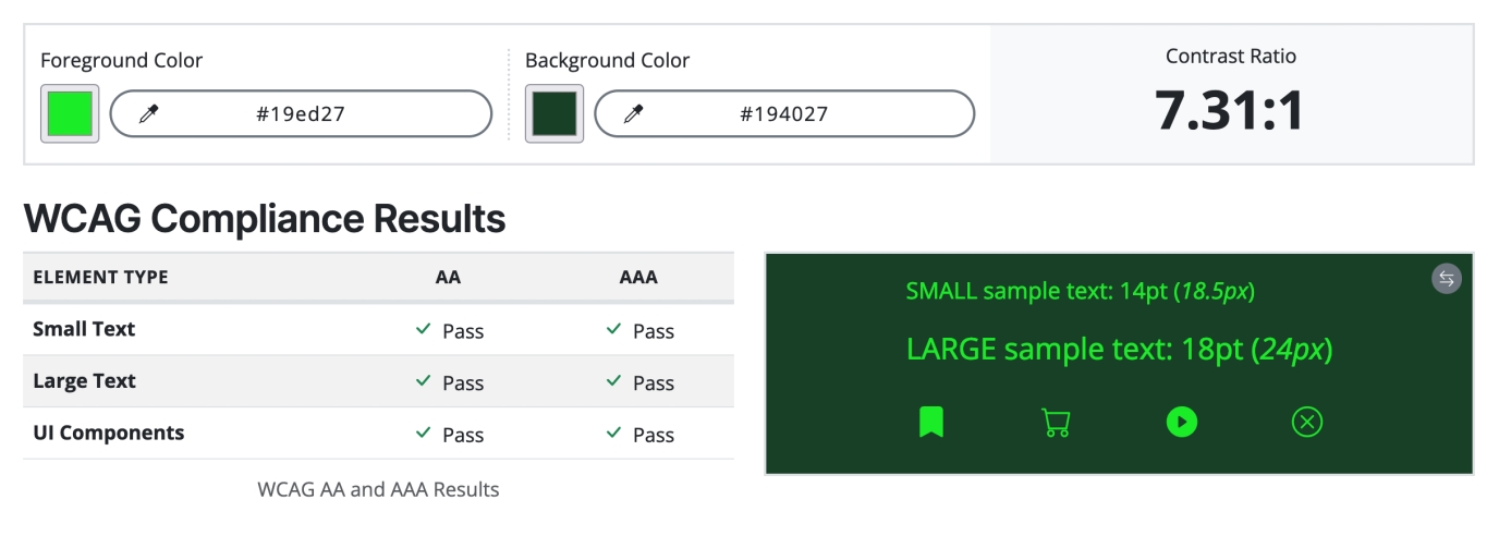    WCAG colour contrast checker   .  I passed!  