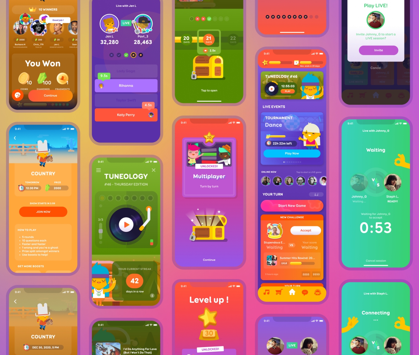   UI/UX Design by me, character illustrations by team members, music genre illustrations by team members.  