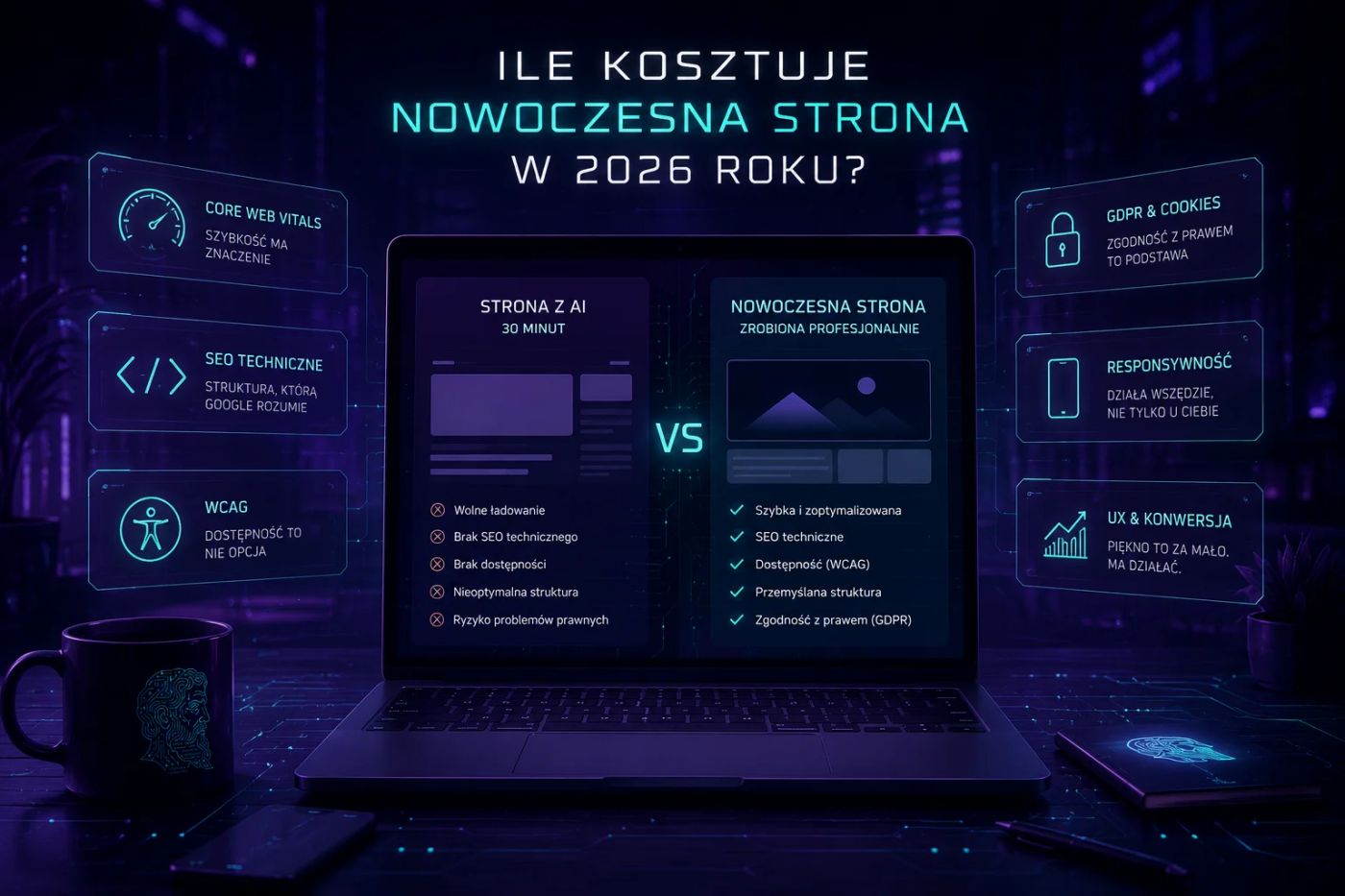 zdjęcie z core web vitals i kubek z logo firmy appcrates.pl