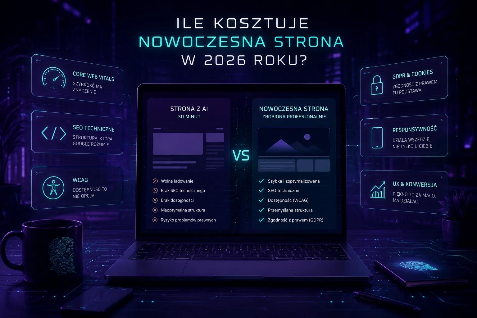 zdjęcie z core web vitals i kubek z logo firmy appcrates.pl