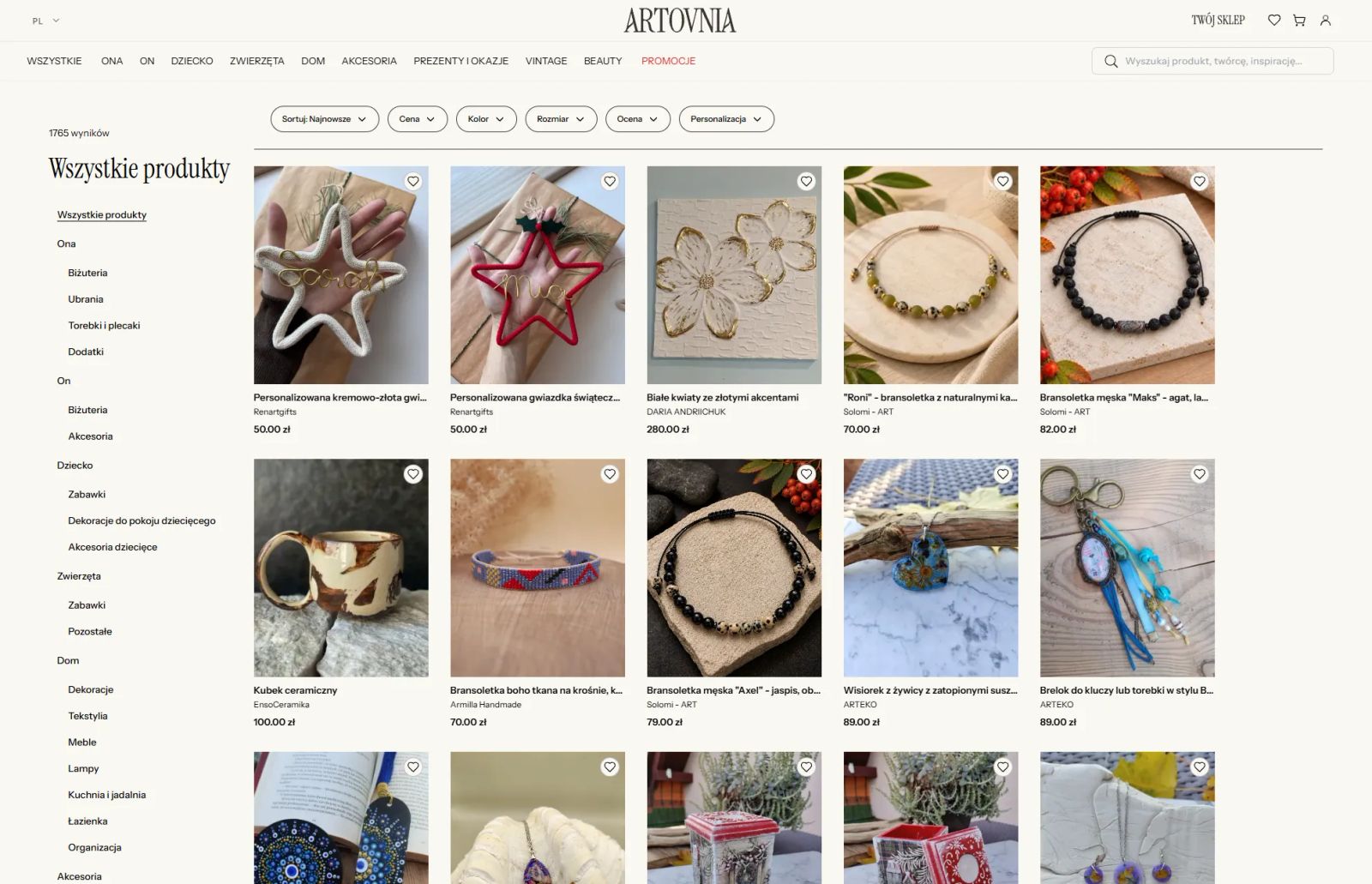 Strona kategorii na Artovnia. Prezentuje wszystkie dostępne produkty oraz globalne filtry