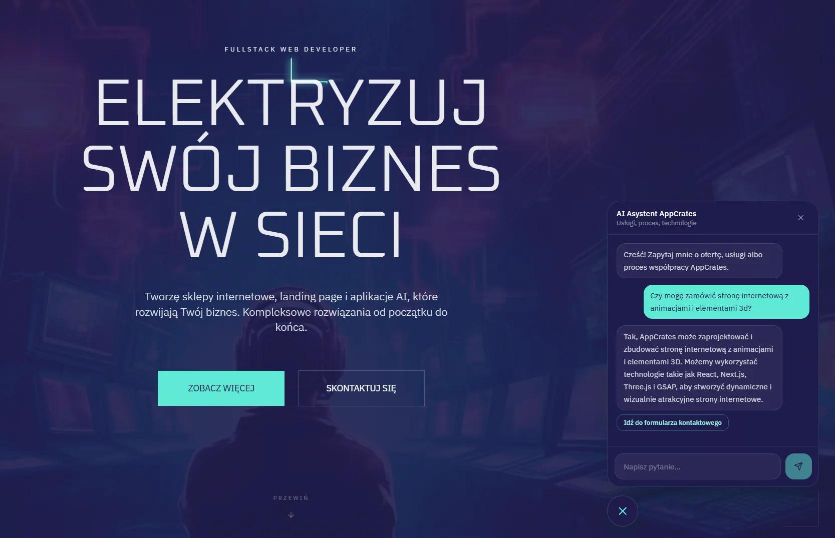 Otwarty aktywny chat bot na stronie appcrates.pl