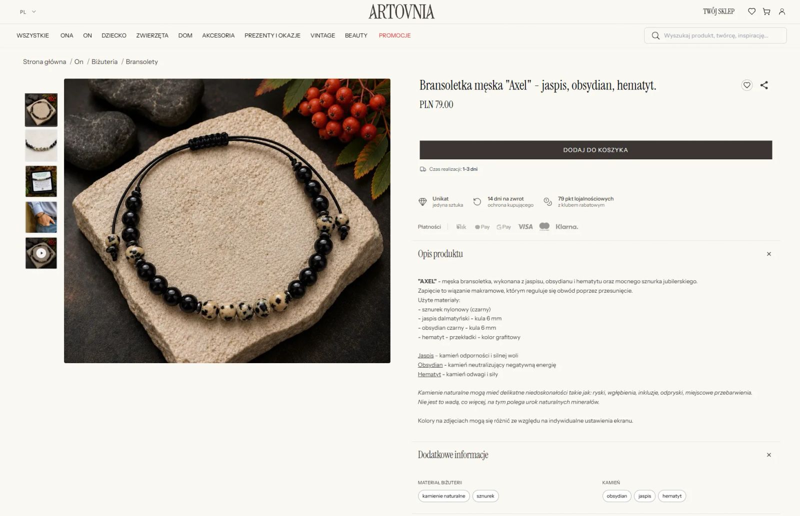 Prezentacja strony PDP na Artovnia. Produkt rękodzieła, męska bransoletka