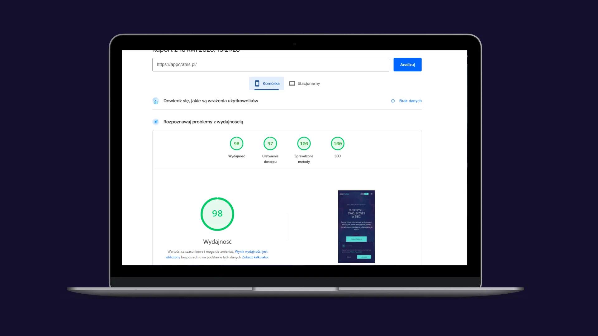 zdjęcie prezentujące wydajność strony