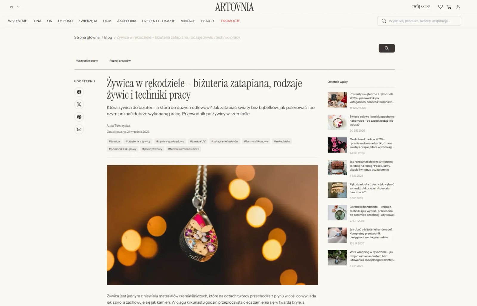 Prezentacja bloga na Artovnia. Post o żywicy w rękodziele