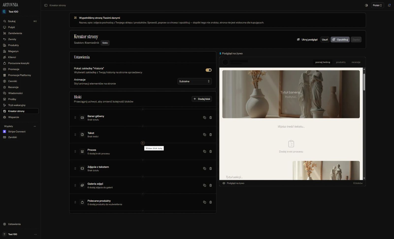 panel sprzedawcy Artovnia, prezentujący funkcję landing page builder dla twórców
