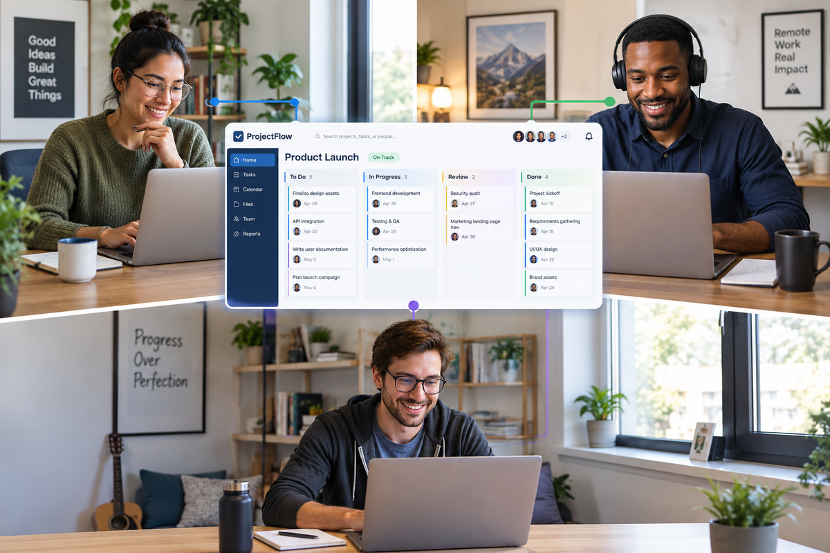 Photo montage, three remote professionals in different home-office settings, all connected via a shared project management dashboard on screen