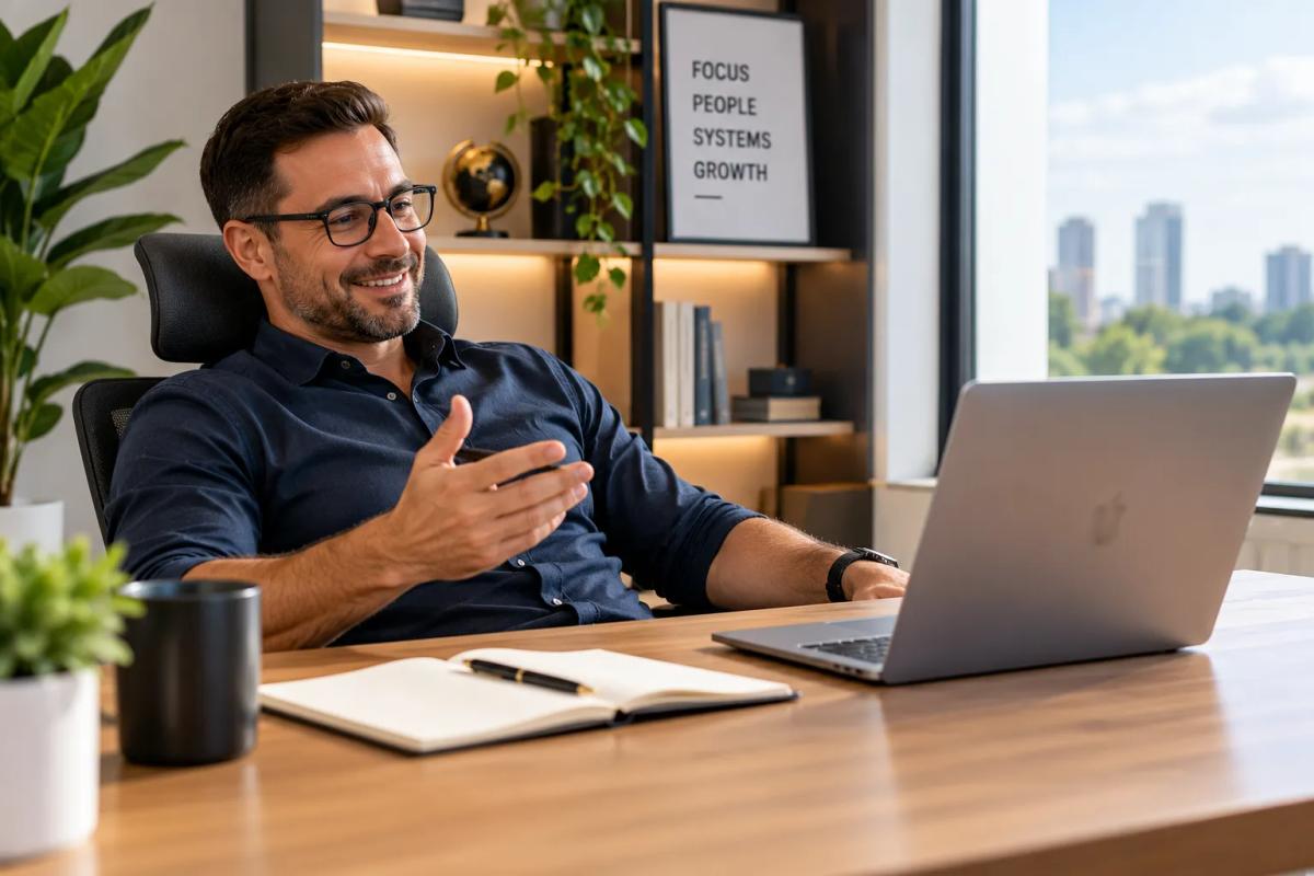 A small business founder working in focused calm after placing a remote executive assistant for small business support through All Talentz