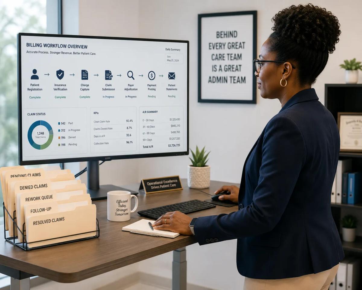 a billing specialist managing the revenue cycle that keeps a practice financially stable