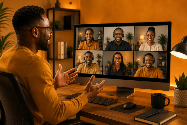 Manager applying remote team management strategies during a video call