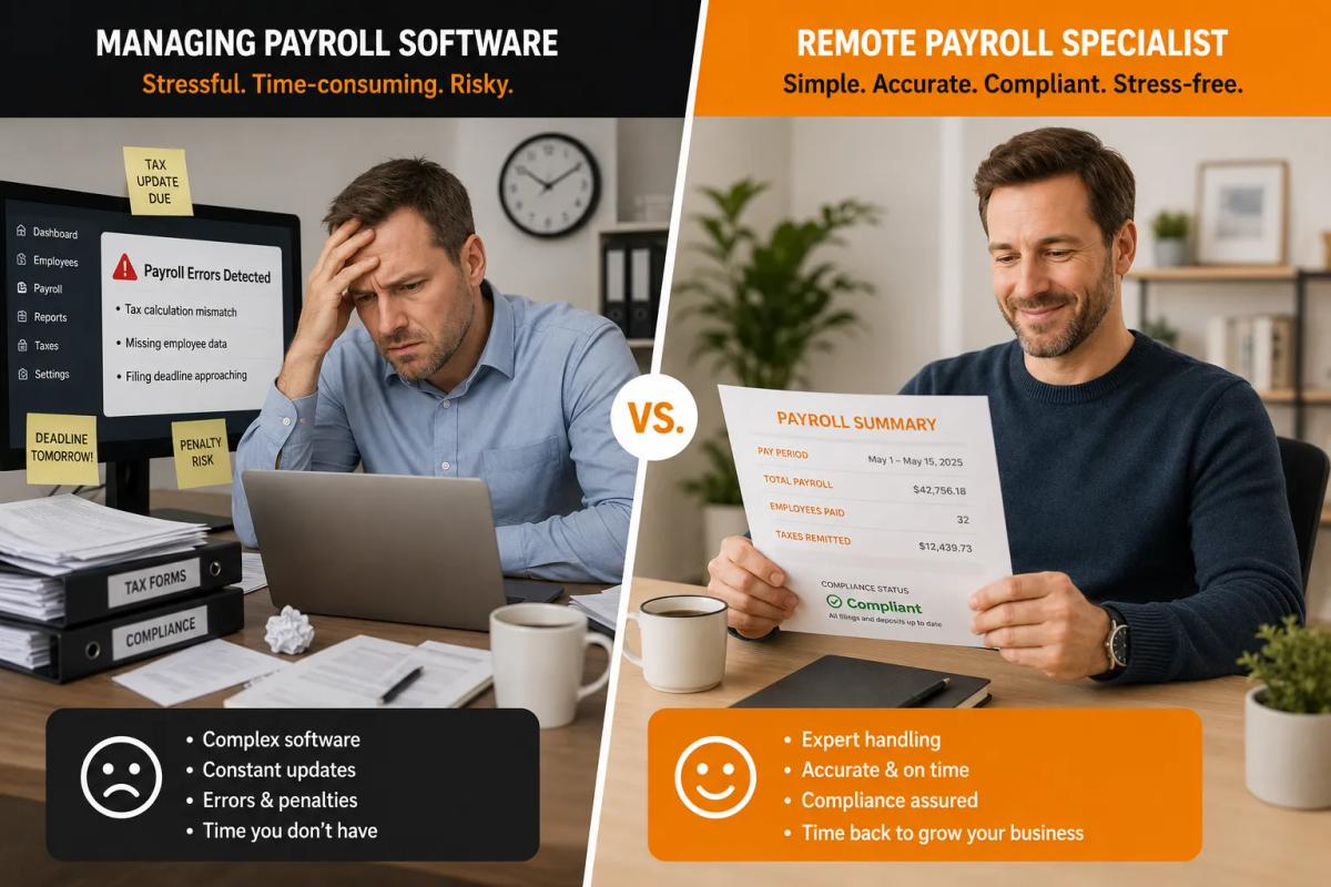 Business owner benefiting from hiring a remote payroll specialist through All Talentz