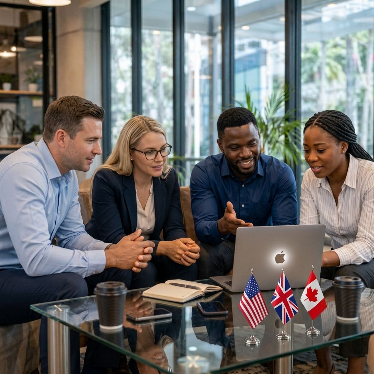  Photo of a professional outsourced support team in a modern, bright office setting, working at organized desks with dual monitors