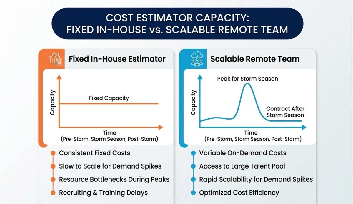 A simple two-column comparison graphic — Fixed In-House Estimator with a flat capacity line, versus Scalable Remote Team with a flexible capacity line that rises during storm season and contracts afterward