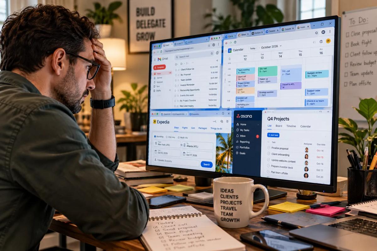A small business founder managing email calendar travel and coordination simultaneously before hiring a remote executive assistant for small business support