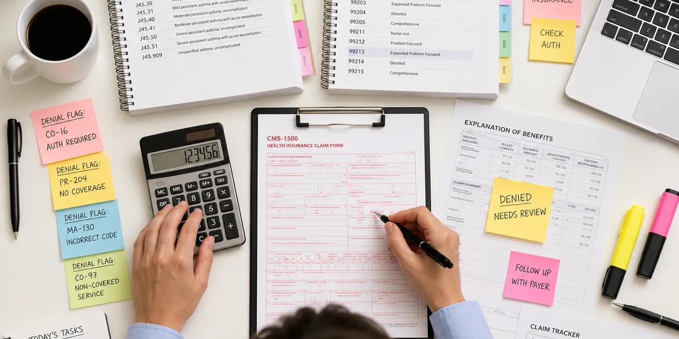 Medical billing and coding specialist working at a desk with ICD-10 and CPT coding manuals, claim forms, calculator, denial notes, and billing documents spread across the workspace