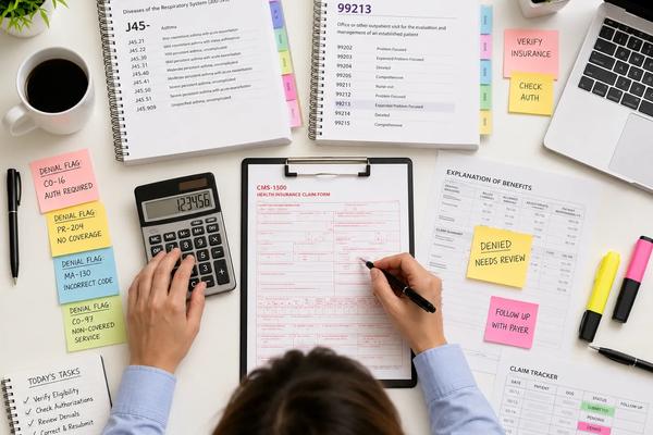 Medical billing and coding specialist working at a desk with ICD-10 and CPT coding manuals, claim forms, calculator, denial notes, and billing documents spread across the workspace