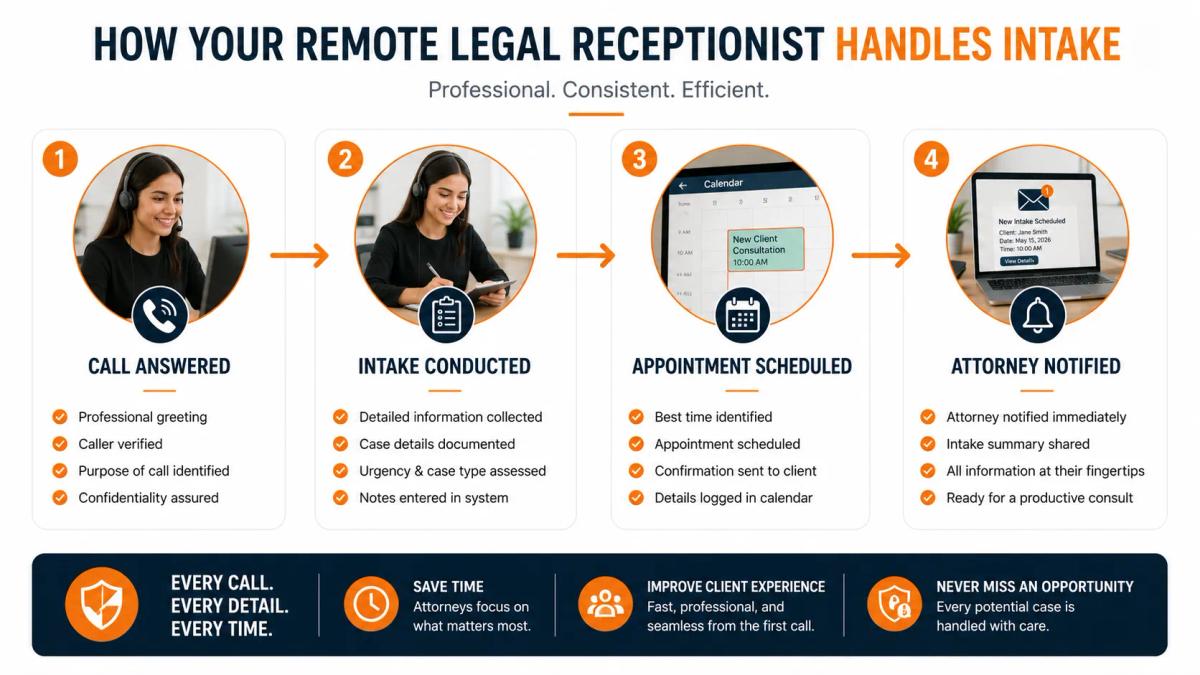 Law firm intake flow managed by a dedicated remote legal receptionist placed through All Talentz