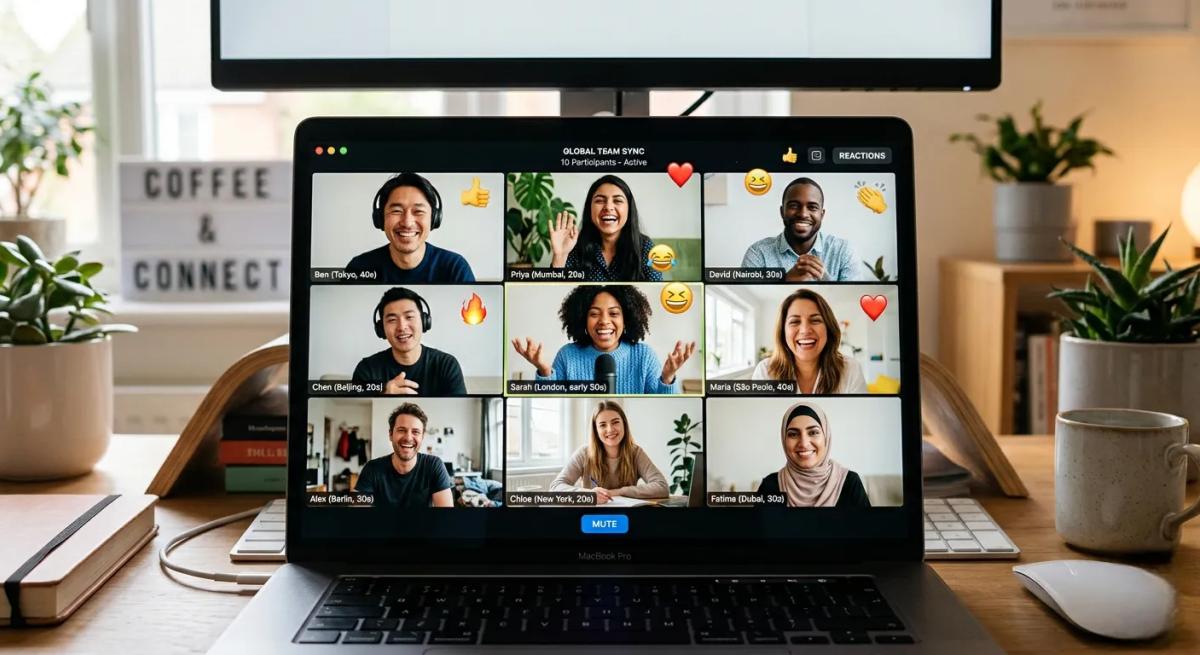Visual of a virtual team meeting with diverse participants, emoji reactions, and engaged body language conveying warmth and connection across screens