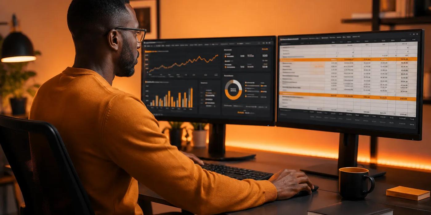 Remote payroll specialist managing business payroll from a home office setup