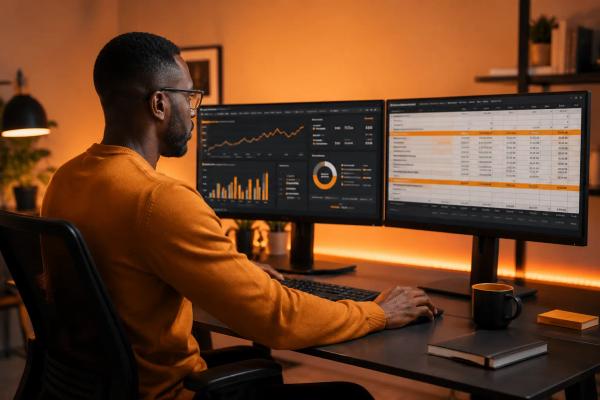 Remote payroll specialist managing business payroll from a home office setup
