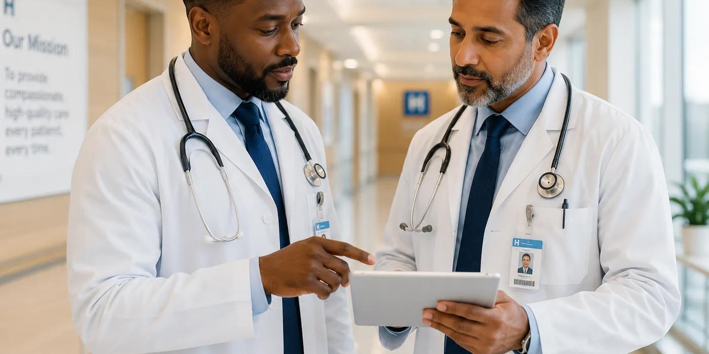 Medical staffing for healthcare practices: two physicians in a professional consultation, representing the quality and continuity that the right medical staffing model is built to support