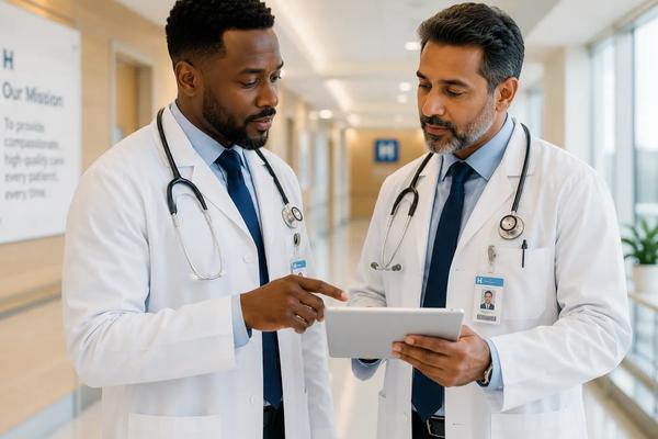 Medical staffing for healthcare practices: two physicians in a professional consultation, representing the quality and continuity that the right medical staffing model is built to support