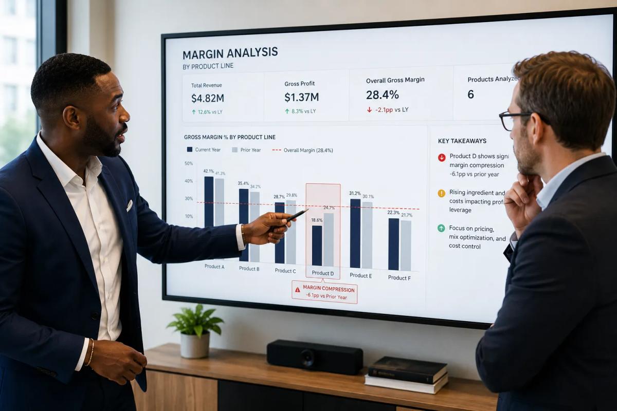 A financial advisor explaining margin analysis to a business owner, demonstrating what a dedicated financial advisor does to translate financial data into strategic clarity