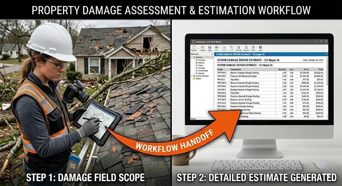 A split-frame photo showing a field technician scoping storm damage on one side, and a clean digital Xactimate line-item sheet on the other, connected by an arrow showing the workflow handoff