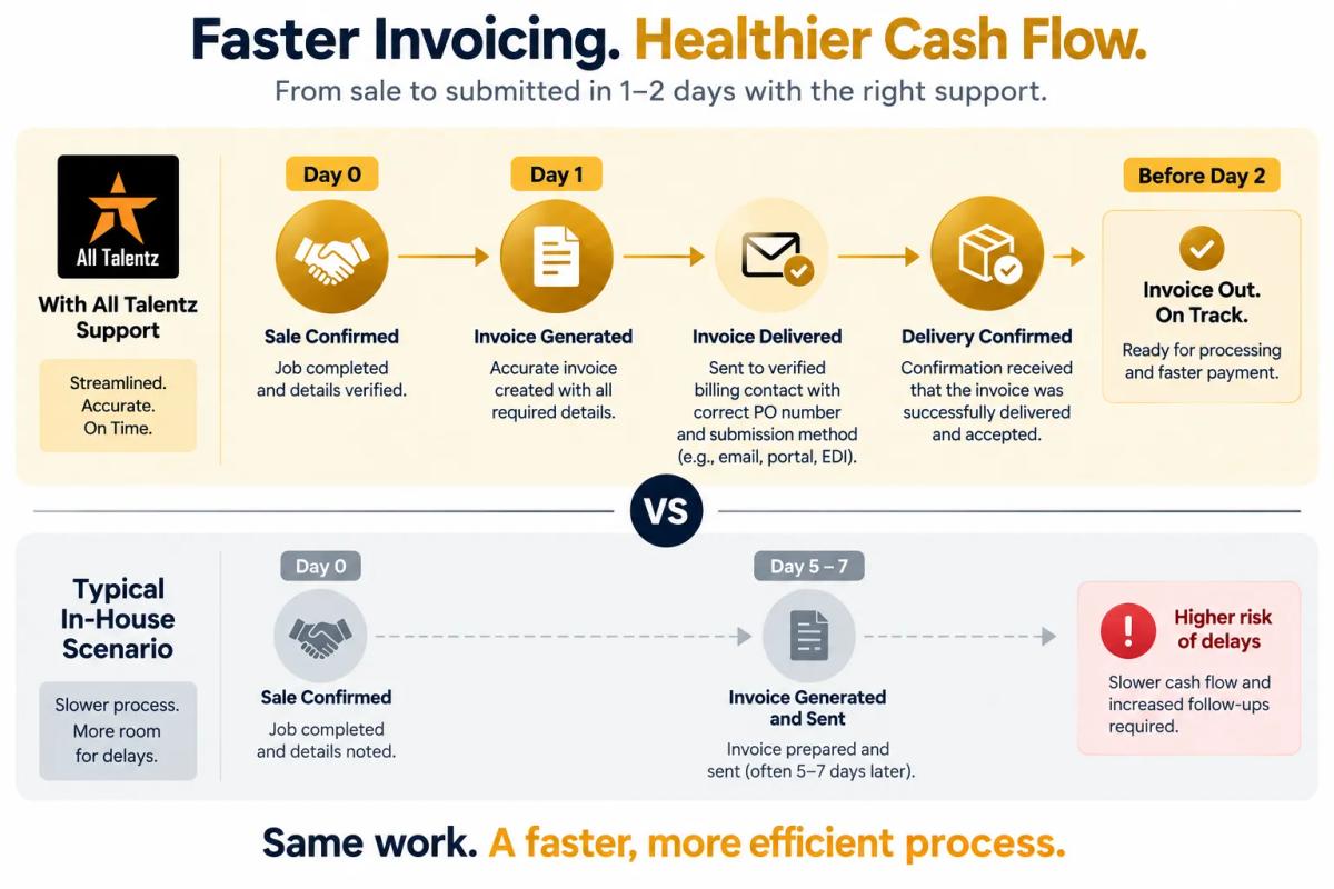An invoice generation workflow showing how outsourcing accounts receivable management improves invoice timing from the first day of the receivable cycle