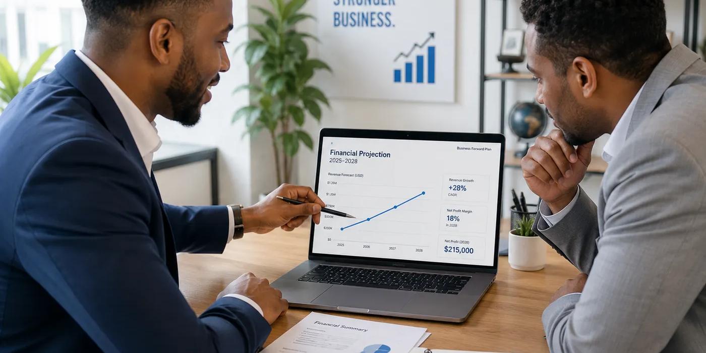 A dedicated financial advisor presenting forward-looking financial projections to a business owner, showing what a financial advisor does that accounting alone cannot