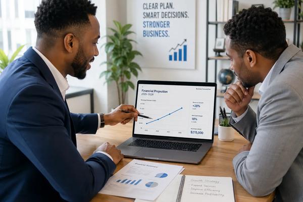 A dedicated financial advisor presenting forward-looking financial projections to a business owner, showing what a financial advisor does that accounting alone cannot