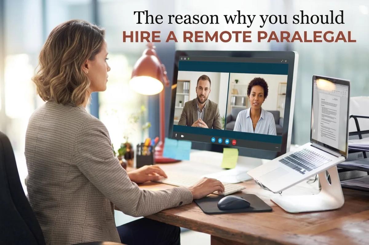 a remote paralegal working at a dual-monitor home office desk, scales-of-justice motif, warm professional lighting