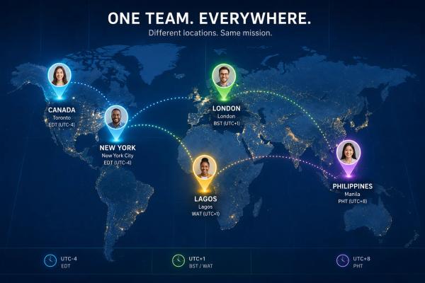 Managing remote teams across different time zones: a global network of connected team members spanning Lagos, New York, London