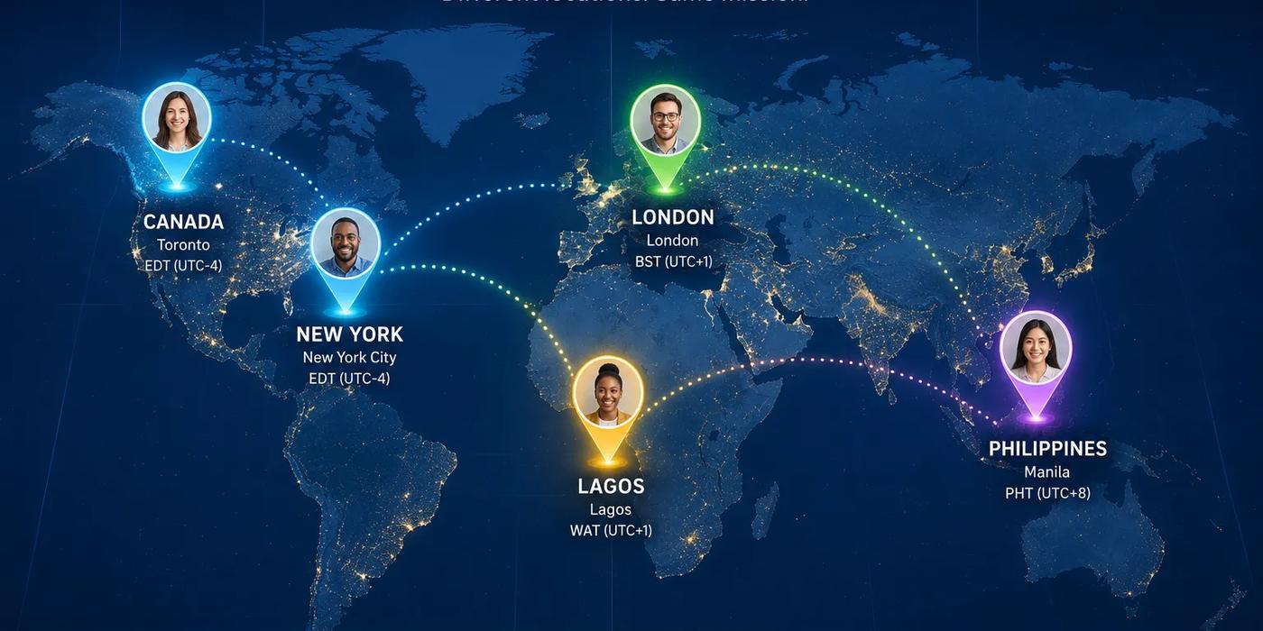 Managing remote teams across different time zones: a global network of connected team members spanning Lagos, New York, London