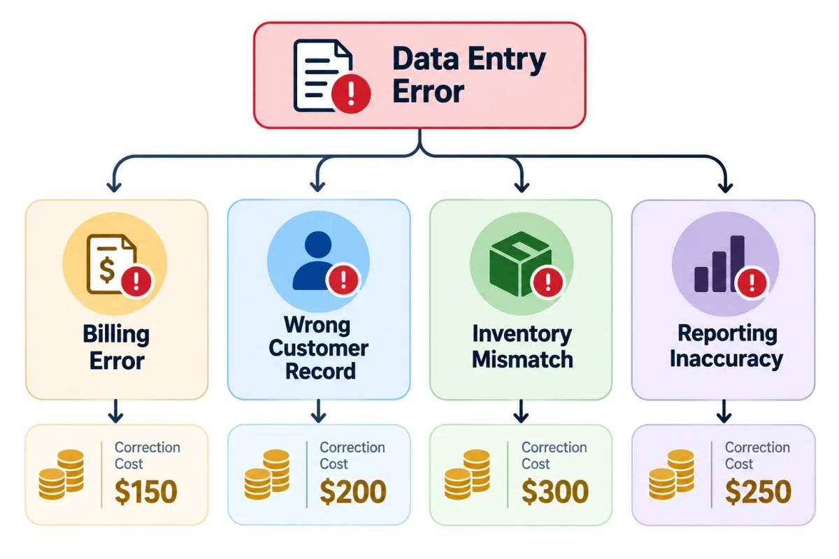 A downstream error cascade diagram showing how a single data entry error creates multiple correction costs across a business when data entry is not handled by a dedicated specialist