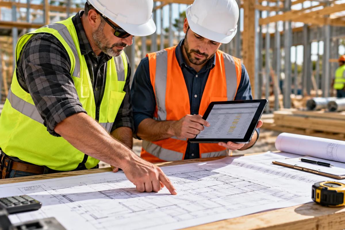 A contractor reviewing construction plans and take-off sheets showing the estimating process that outsourcing construction estimating specialists can take off the contractor's plate