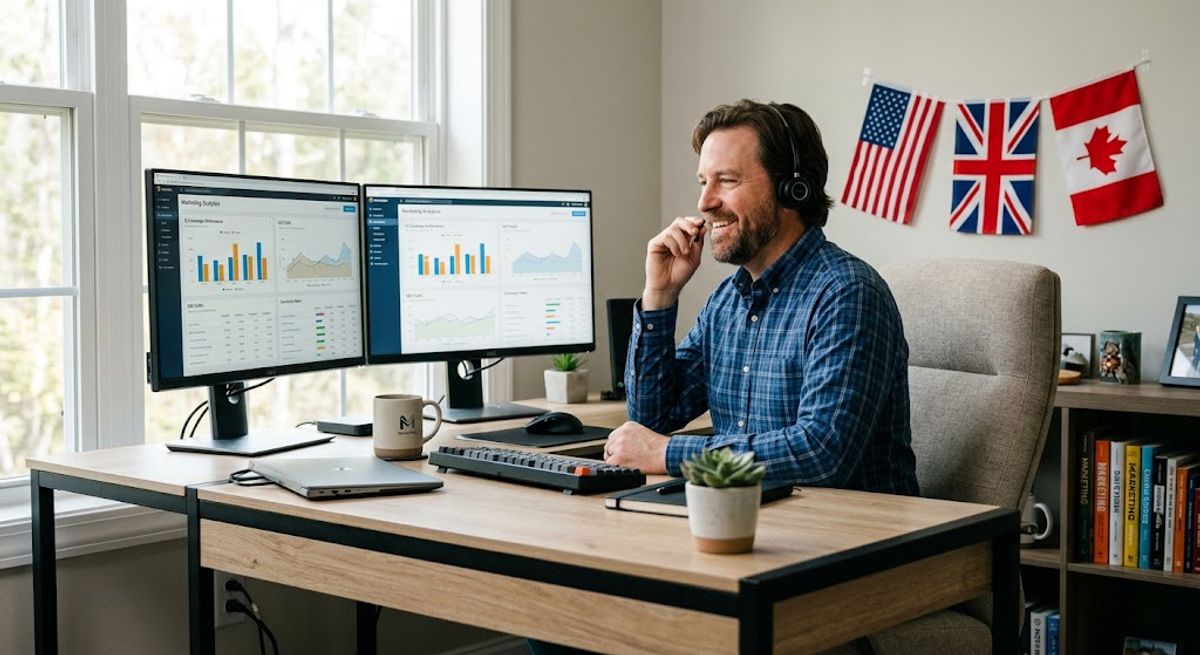 happy remote marketing specialist working from a modern home office, coffee cup nearby, dual monitors showing analytics US, UK and Canada