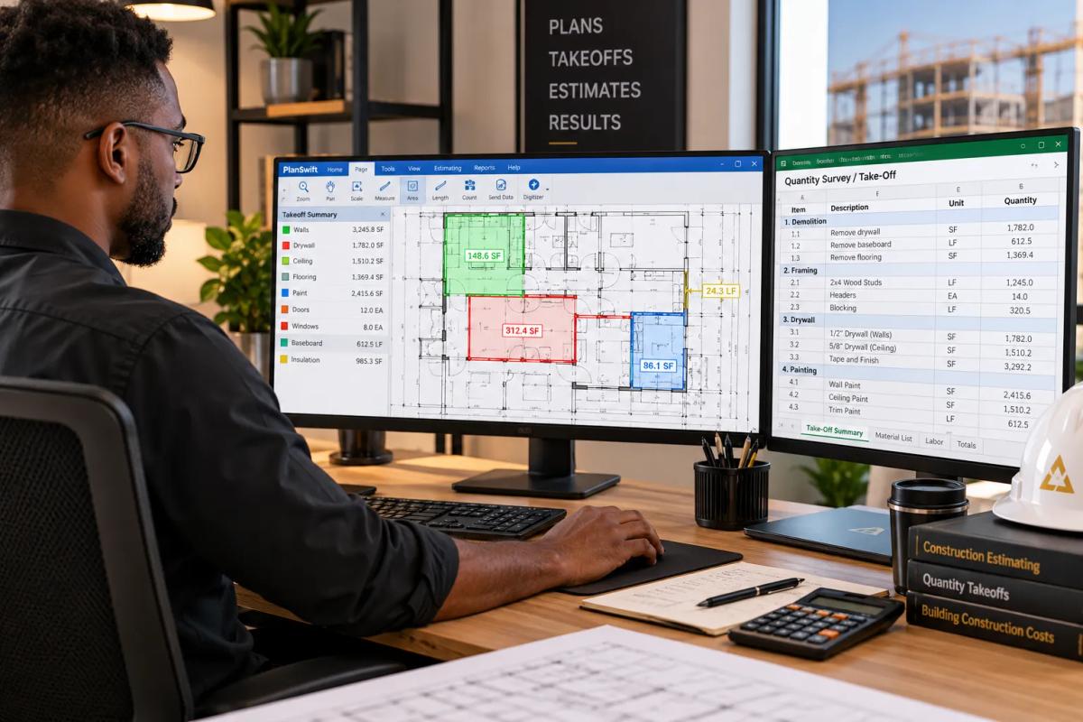 A dedicated remote construction estimator performing a systematic quantity take-off at a professional workstation after a contractor chose to outsource construction estimating to a specialist