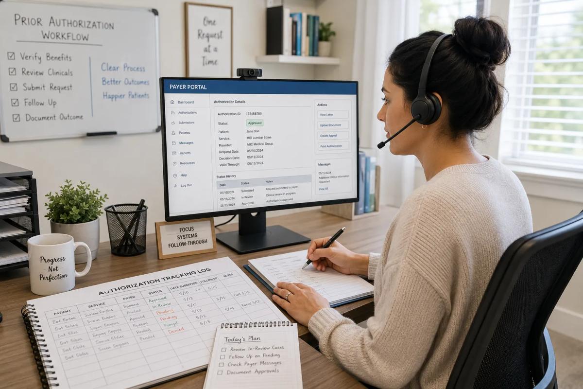 A dedicated remote prior authorization specialist, part of the remote healthcare administrative staff model, managing payer communications and approval tracking for a healthcare practice