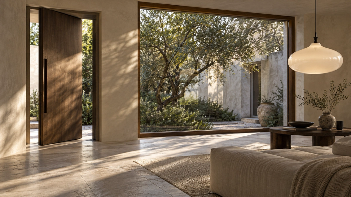 Oak door, garden window and opal pendant in a sunlit limestone interior.