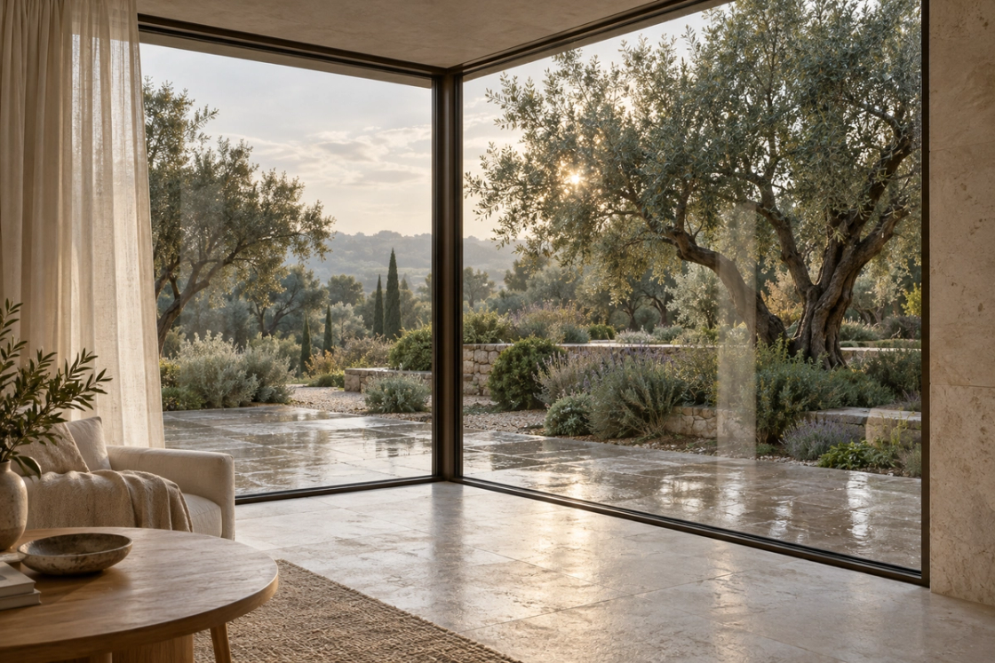Slim bronze corner window framing an olive garden in soft morning light.