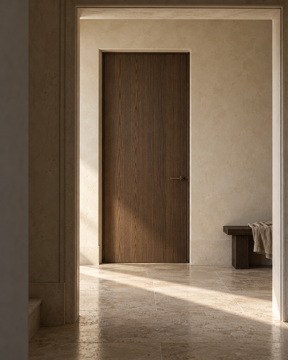 Smoked oak door with a bronze handle in a softly lit plaster hallway.