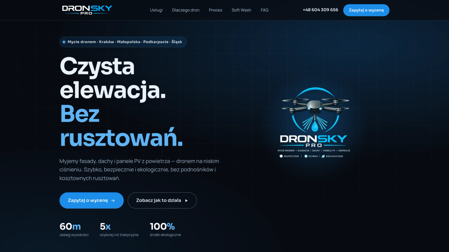 Strona główna DronSky Pro — mycie elewacji i paneli PV dronem