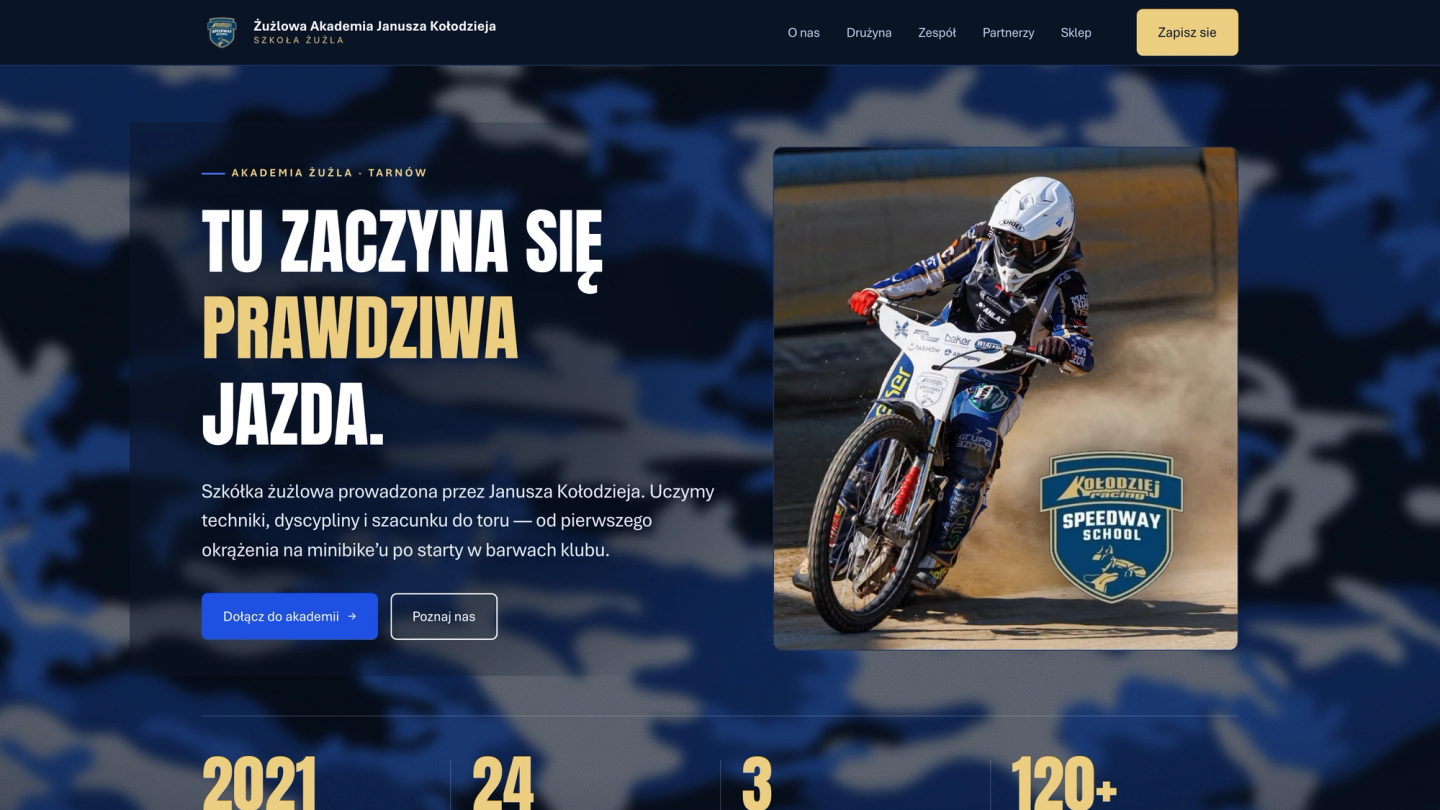 Strona główna Żużlowej Akademii Janusza Kołodzieja — szkółka żużla w Tarnowie